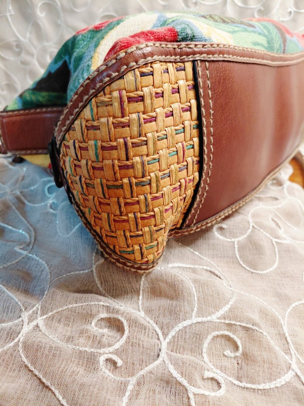Fossil Vintage Floral Tapestry Leather Satchel Handbag - Picture 7 of 11